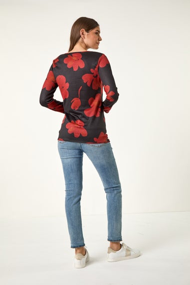 Roman Red Floral Print Stretch Hem Top