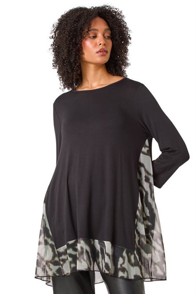 Roman Grey Abstract Contrast Mesh Stretch Tunic