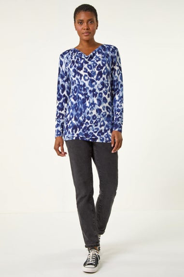 Roman Navy Animal Print Cowl Neck Tunic Top