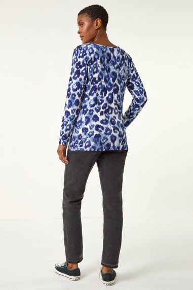 Roman Navy Animal Print Cowl Neck Tunic Top