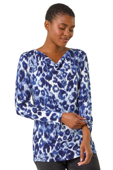 Roman Navy Animal Print Cowl Neck Tunic Top