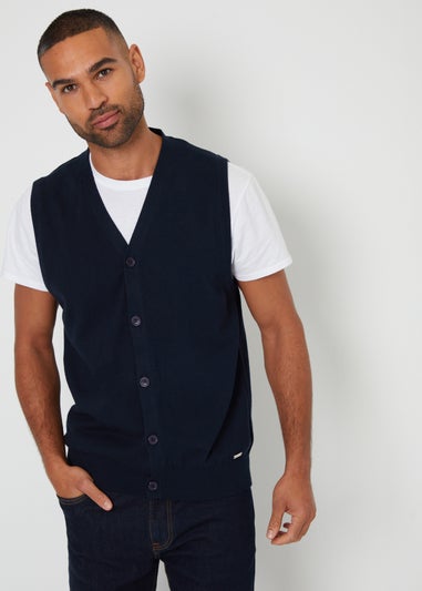 Threadbare Navy Cotton Button Up Knitted Waistcoat