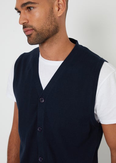 Threadbare Navy Cotton Button Up Knitted Waistcoat