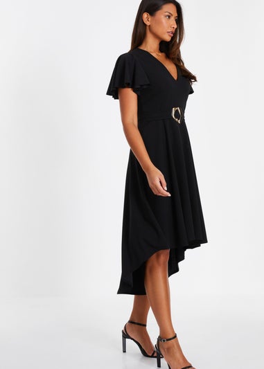 Quiz Black V Neck Dip Hem Dress