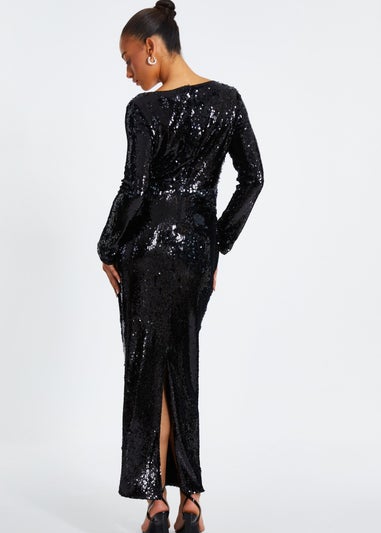 Quiz Black Sequin Tie Front Maxi Dress