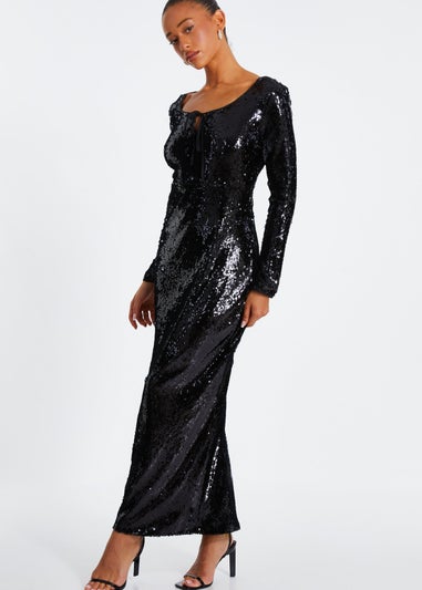 Quiz Black Sequin Tie Front Maxi Dress