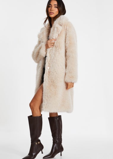 Quiz Cream Faux Fur Long Coat