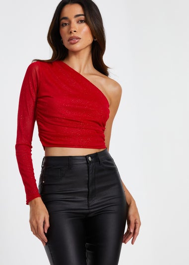 Quiz Red Glitter Mesh Crop Top