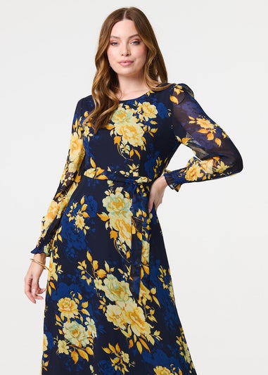 Izabel London Navy Floral Long Sleeve Chiffon Midi Dress