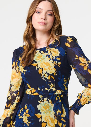 Izabel London Navy Floral Long Sleeve Chiffon Midi Dress