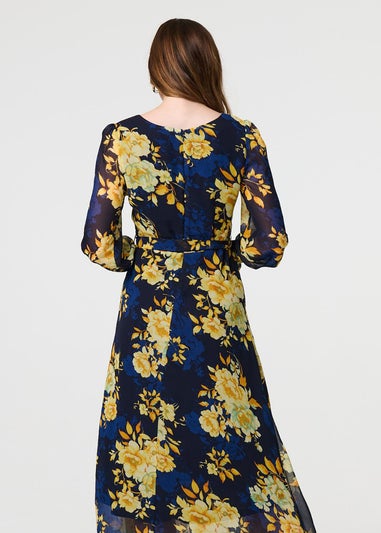 Izabel London Navy Floral Long Sleeve Chiffon Midi Dress