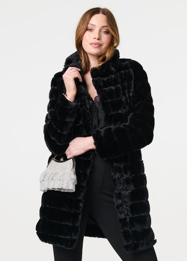 Izabel London Black Faux Fur Thigh Length Coat