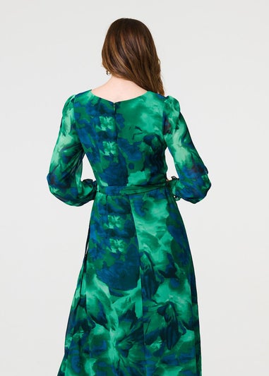 Izabel London Green Printed Long Sleeve Chiffon Midi Dress