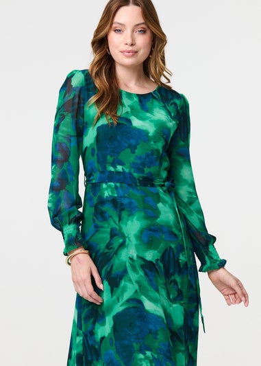 Izabel London Green Printed Long Sleeve Chiffon Midi Dress