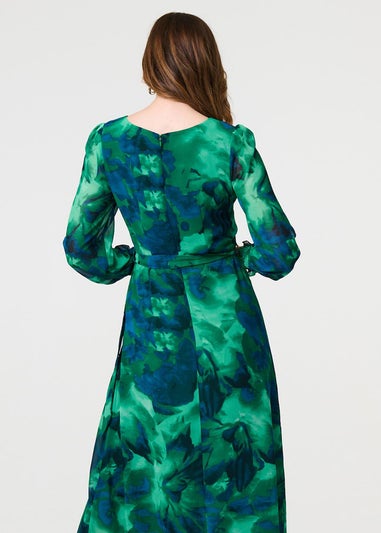 Izabel London Green Printed Long Sleeve Chiffon Midi Dress