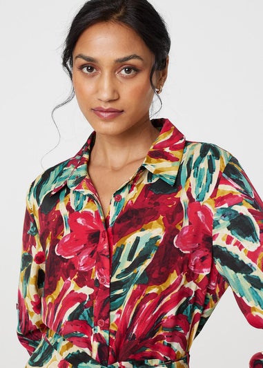 Izabel London Red Printed Button Front Shirt Dress