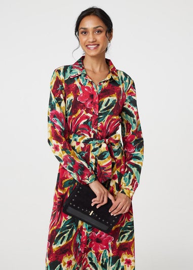 Izabel London Red Printed Button Front Shirt Dress