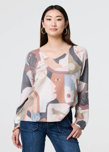 Izabel London Grey Abstract Print Long Sleeve Knit Top