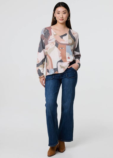 Izabel London Grey Abstract Print Long Sleeve Knit Top