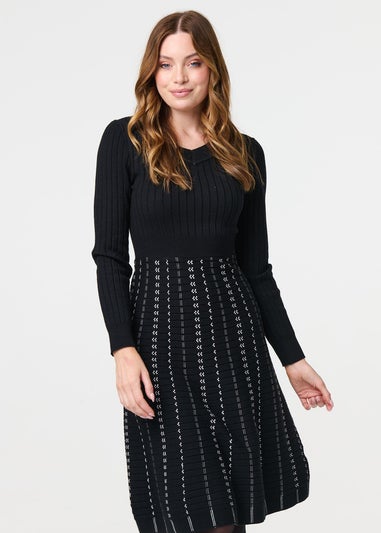 Izabel London Black Striped Long Sleeve Midi Knit Dress