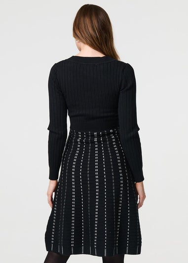 Izabel London Black Striped Long Sleeve Midi Knit Dress