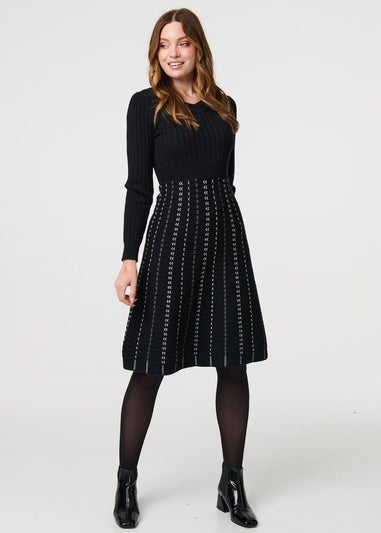 Izabel London Black Striped Long Sleeve Midi Knit Dress