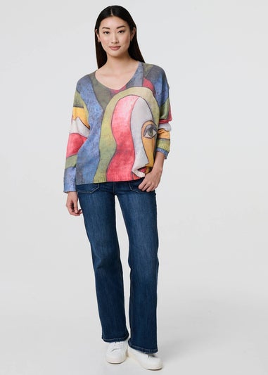 Izabel London Blue Abstract Print Long Sleeve Knit Jumper