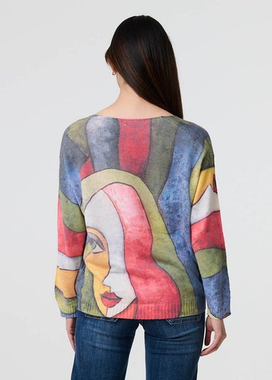 Izabel London Blue Abstract Print Long Sleeve Knit Jumper