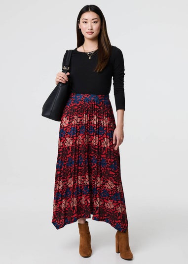 Izabel London Red Printed Box Pleat Hanky Hem Midi Skirt