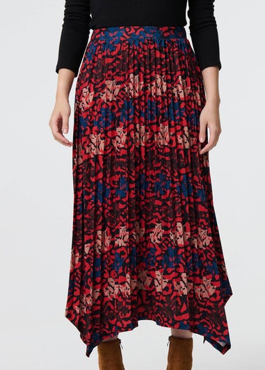 Izabel London Red Printed Box Pleat Hanky Hem Midi Skirt