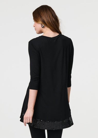 Izabel London Black Sequin Trim Longline Jersey T-Shirt