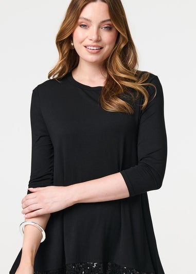 Izabel London Black Sequin Trim Longline Jersey T-Shirt