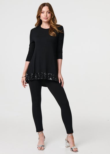 Izabel London Black Sequin Trim Longline Jersey T-Shirt