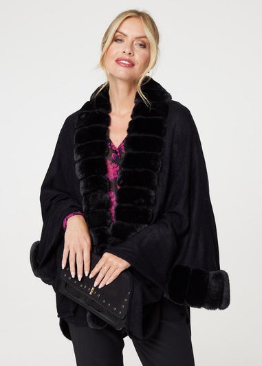 Izabel London Black Faux Fur Longline Hanky Hem Poncho