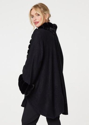 Izabel London Black Faux Fur Longline Hanky Hem Poncho