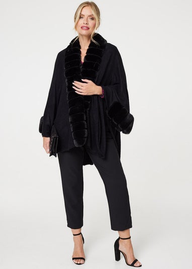 Izabel London Black Faux Fur Longline Hanky Hem Poncho