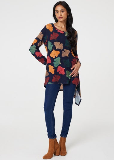 Izabel London Navy Leaf Print High Low Tunic Top