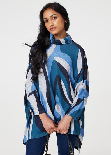 Izabel London Blue Printed Roll Neck Oversized Tunic Top