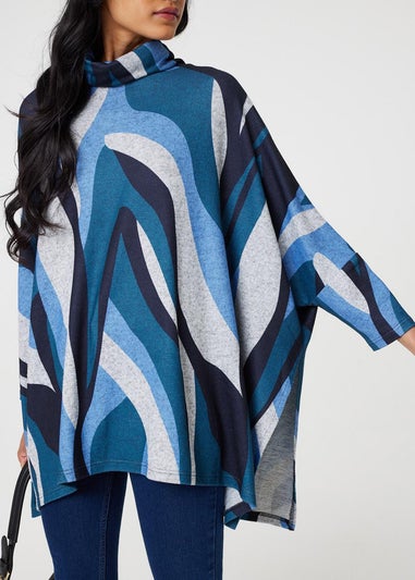 Izabel London Blue Printed Roll Neck Oversized Tunic Top