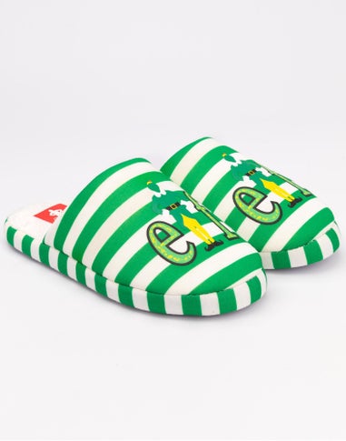 Elf Green Striped With Logo Placement Print Mule Slippers