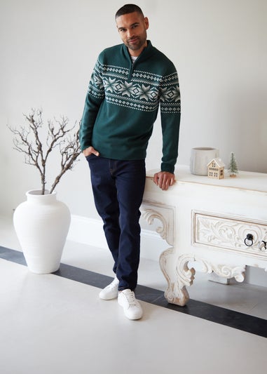 Threadbare Dark Green Quarter Zip Christmas Knitted Jumper