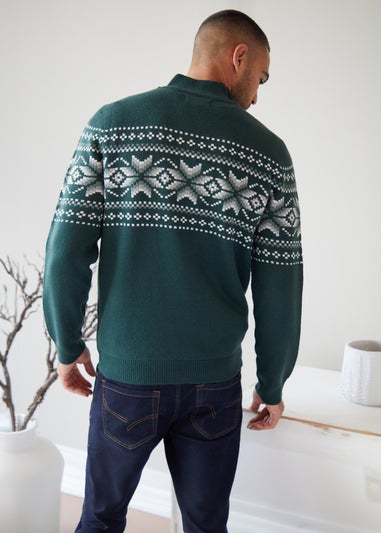 Threadbare Dark Green Quarter Zip Christmas Knitted Jumper