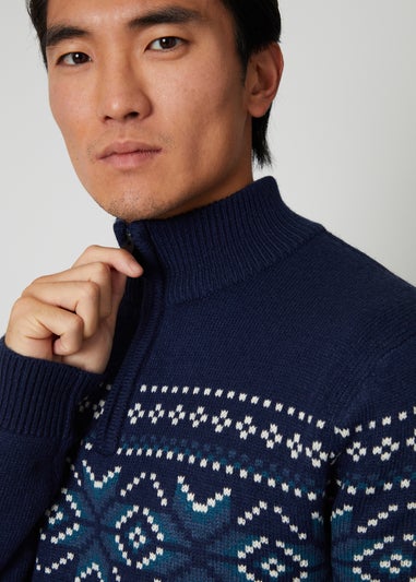 Threadbare Navy Quarter Zip Christmas Knitted Jumper