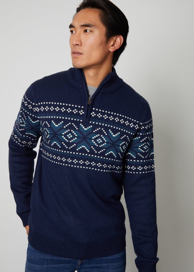 Threadbare Navy Quarter Zip Christmas Knitted Jumper