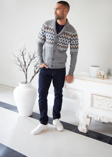 Threadbare Grey Fairisle Shawl Collar Knitted Cardigan