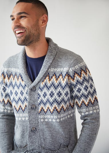 Threadbare Grey Fairisle Shawl Collar Knitted Cardigan
