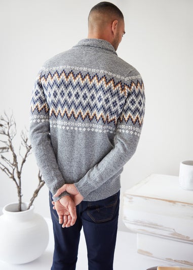 Threadbare Grey Fairisle Shawl Collar Knitted Cardigan