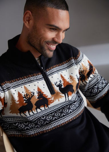 Threadbare Black Quarter Zip Christmas Knitted Jumper