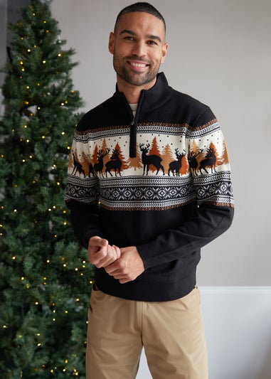 Threadbare Black Quarter Zip Christmas Knitted Jumper