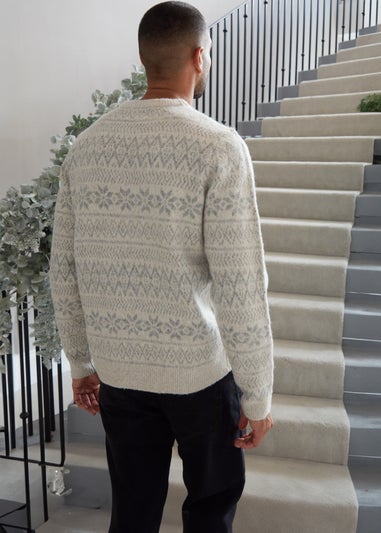 Threadbare Light Grey Fairisle Crew Neck Christmas Jumper